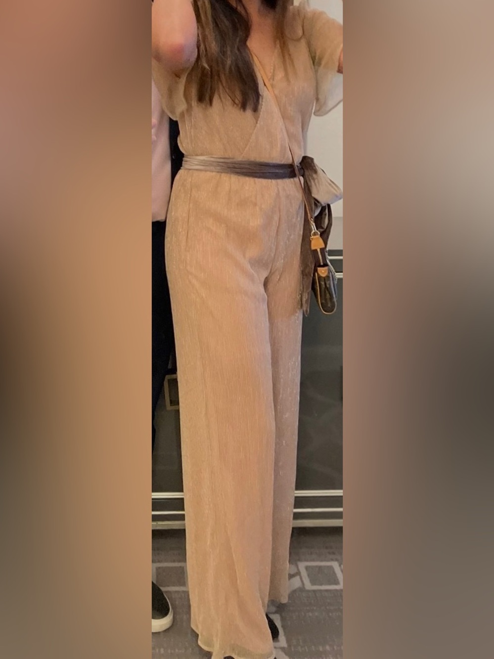 Adelyn Rae Blush Pink Metallic Wrap Jumpsuit